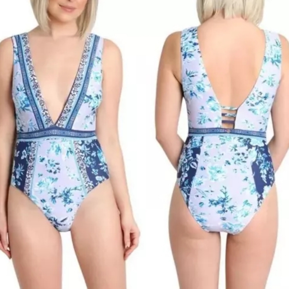 NWT Nanette Lepore Women's Lavender Trails Plunge One Piece Swimsuit Size 6